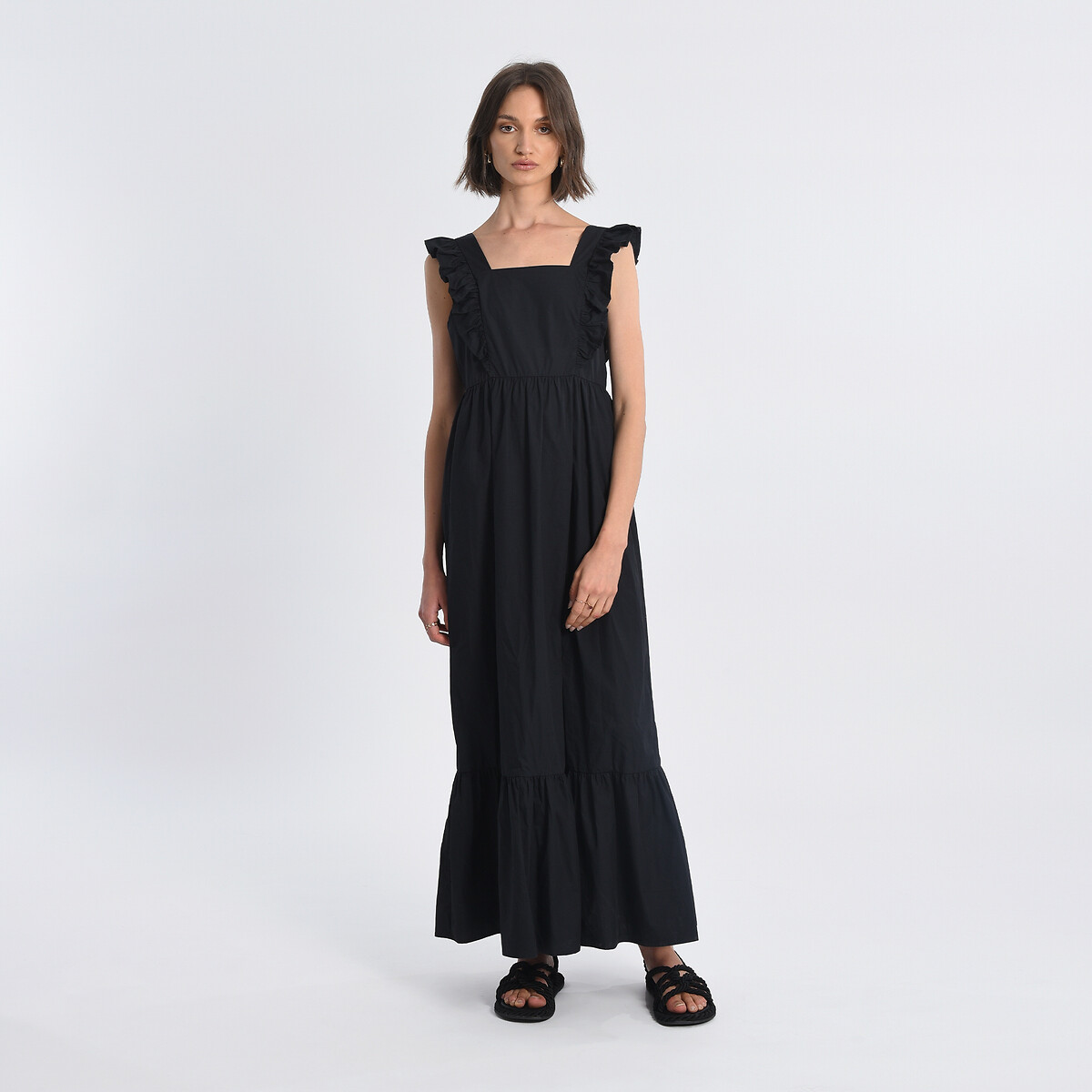 Платье Длинное с квадратным вырезом и воланами XL черный