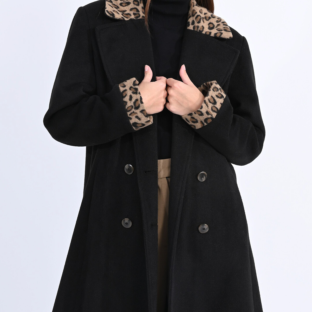 Пальто Длинное на пуговицах вставки с леопардовым принтом M черный LaRedoute, размер M - фото 2