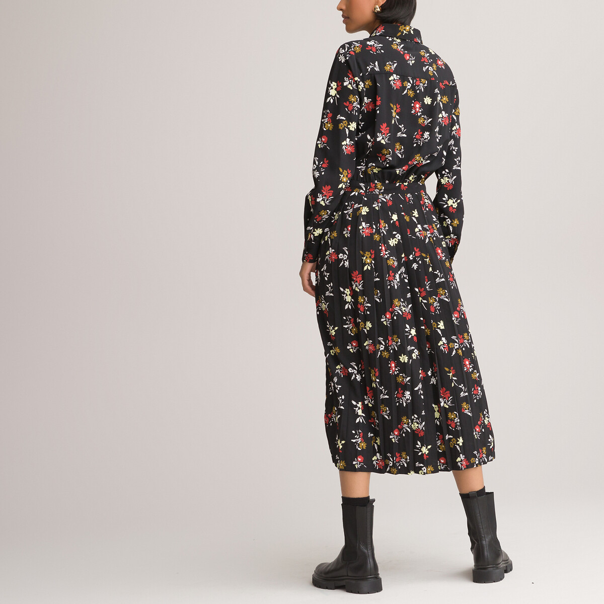 Платье-рубашка LaRedoute С низом с плиссировкой и цветочным принтом 40 черный, размер 40 - фото 4