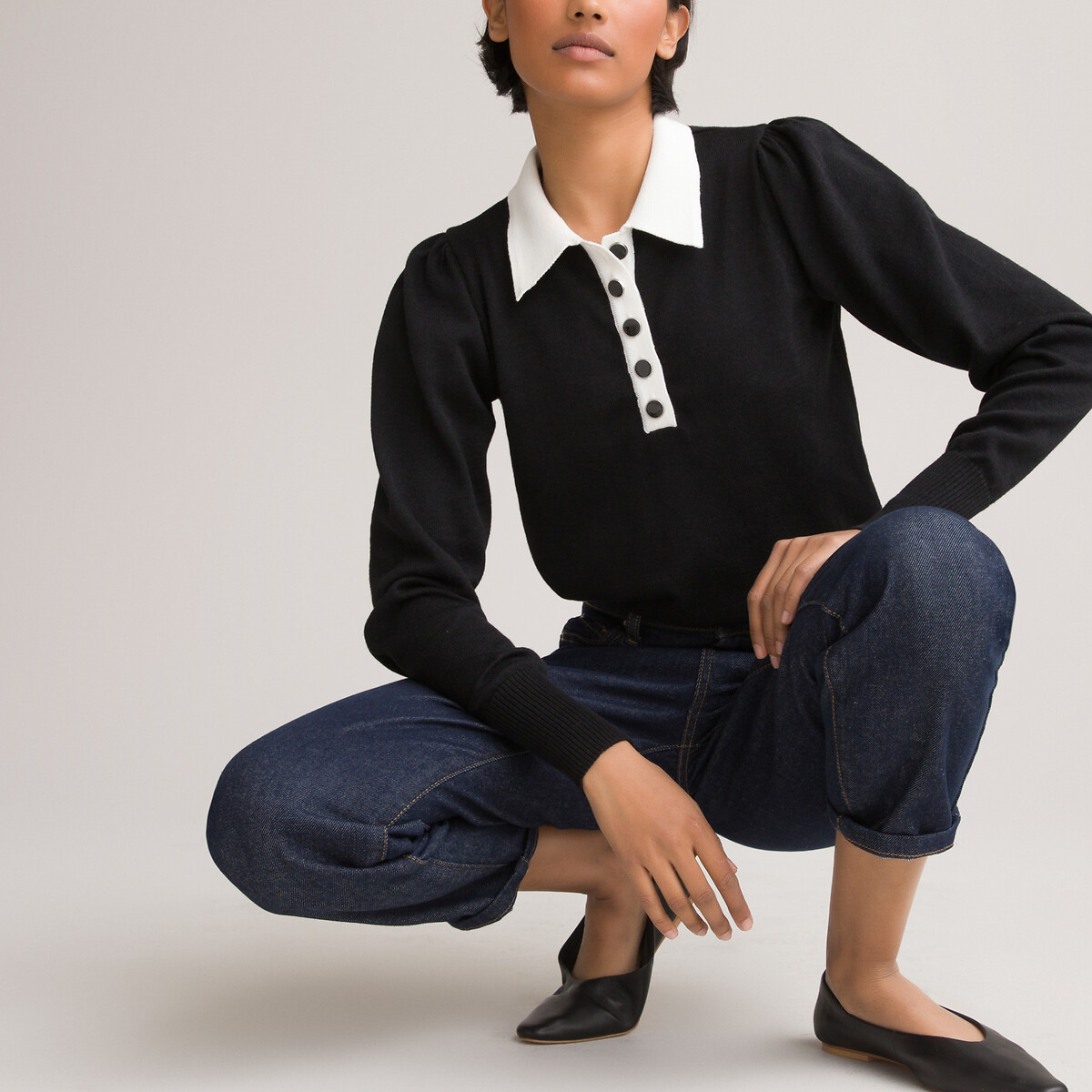 Пуловер LaRedoute С воротником-поло двухцветный декоративные пуговицы M черный, размер M - фото 2