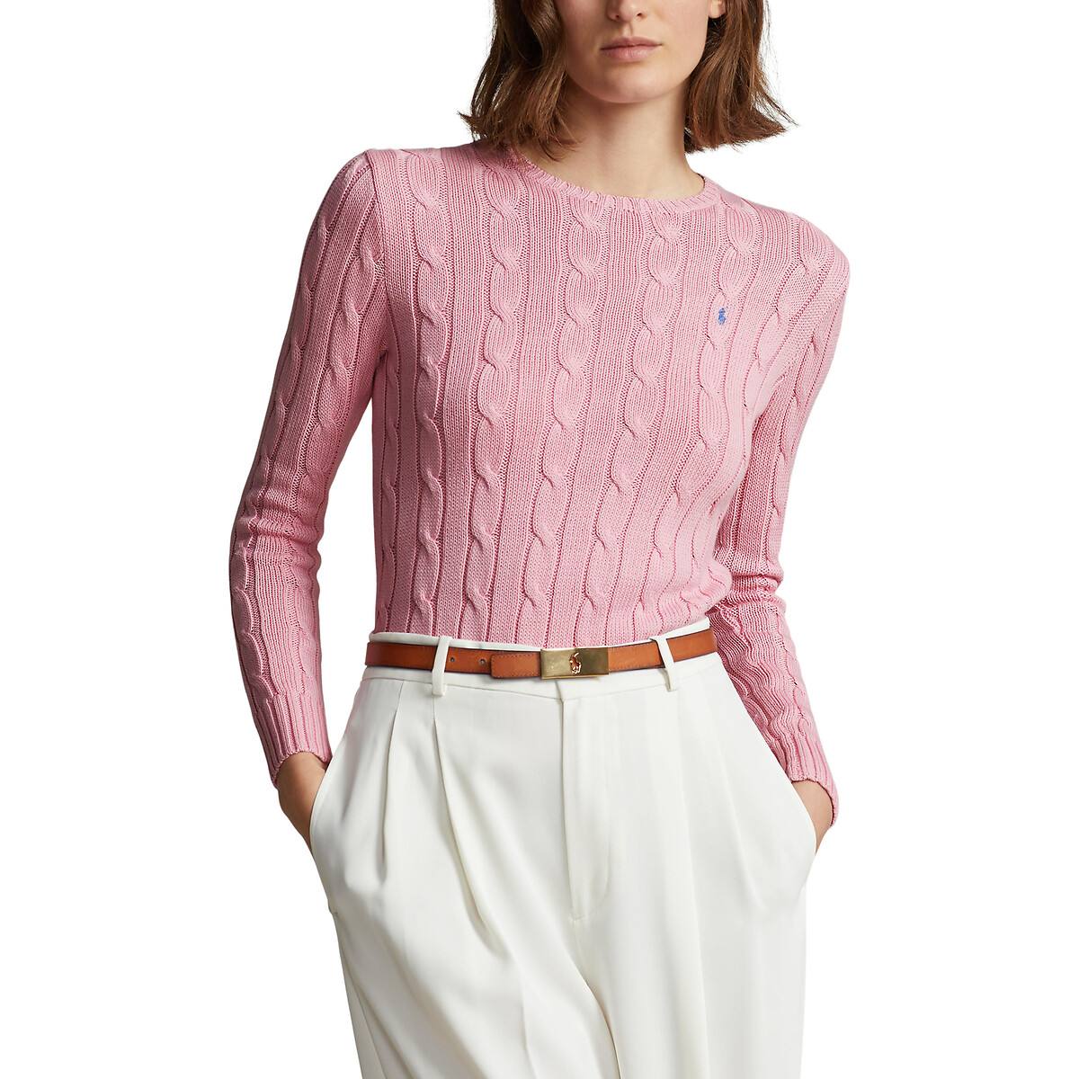 Пуловер С круглым вырезом из трикотажа с узором косы M розовый
