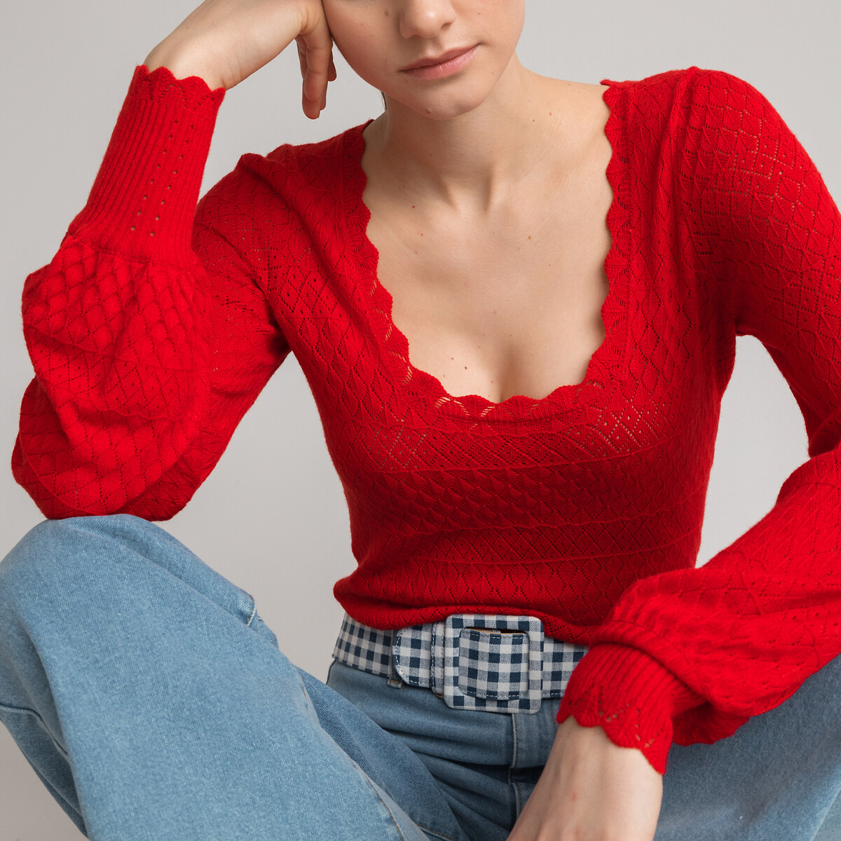 Пуловер LA REDOUTE COLLECTIONS С квадратным вырезом из тонкого трикотажа S красный, размер S