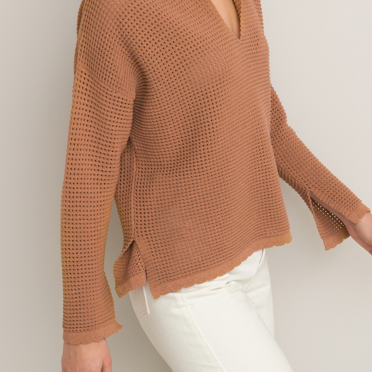 Пуловер LA REDOUTE COLLECTIONS С воротником-поло из ажурного трикотажа длинные рукава XL каштановый, размер XL