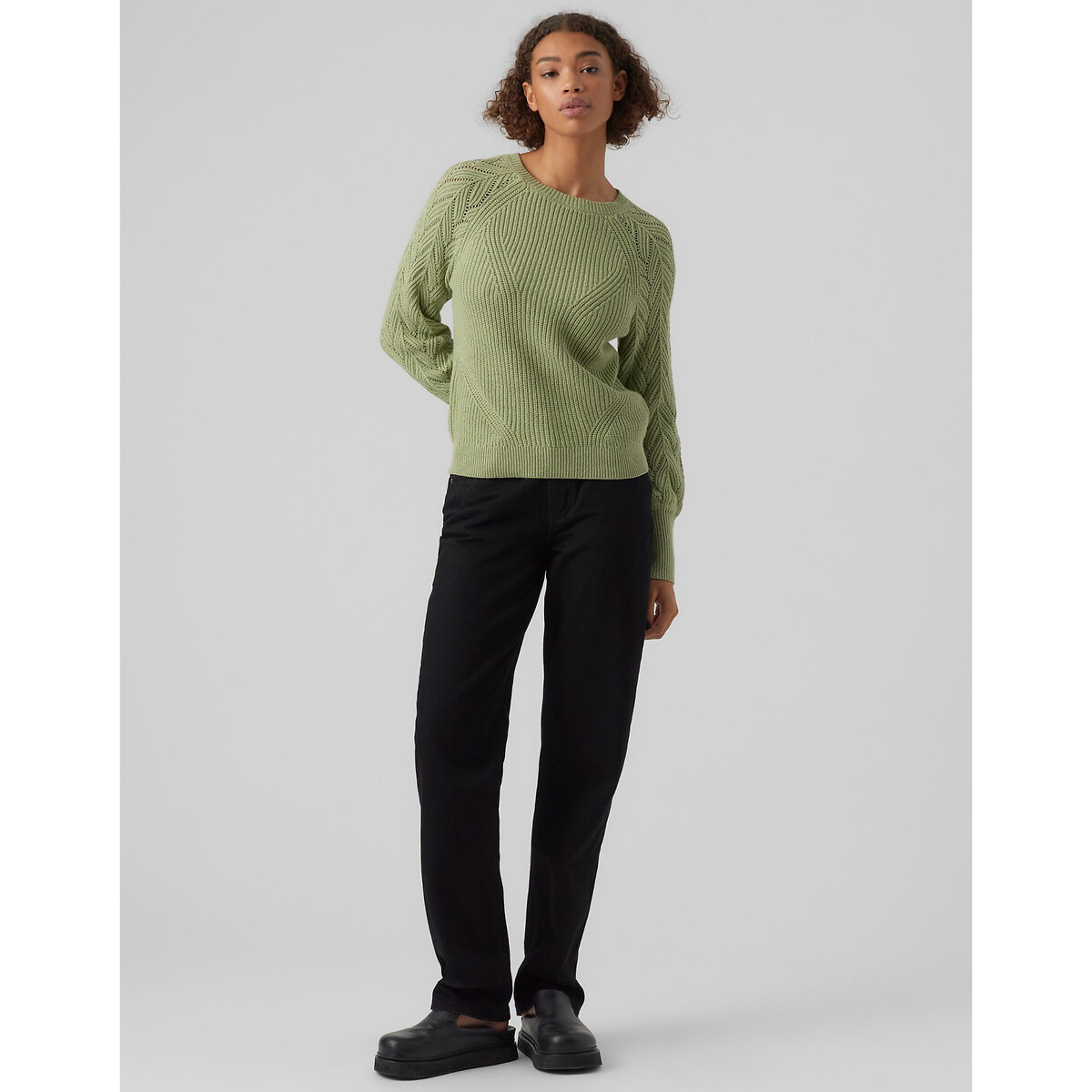 Пуловер С круглым вырезом рукава из ажурного трикотажа XS зеленый LaRedoute, размер XS - фото 3