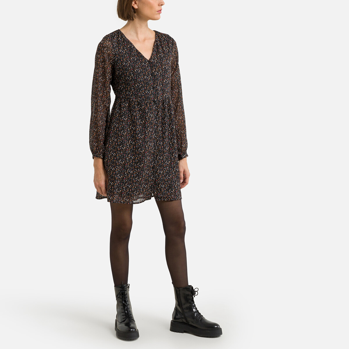 Платье Короткое с рисунком и V-образным вырезом XS черный LaRedoute, размер XS - фото 2