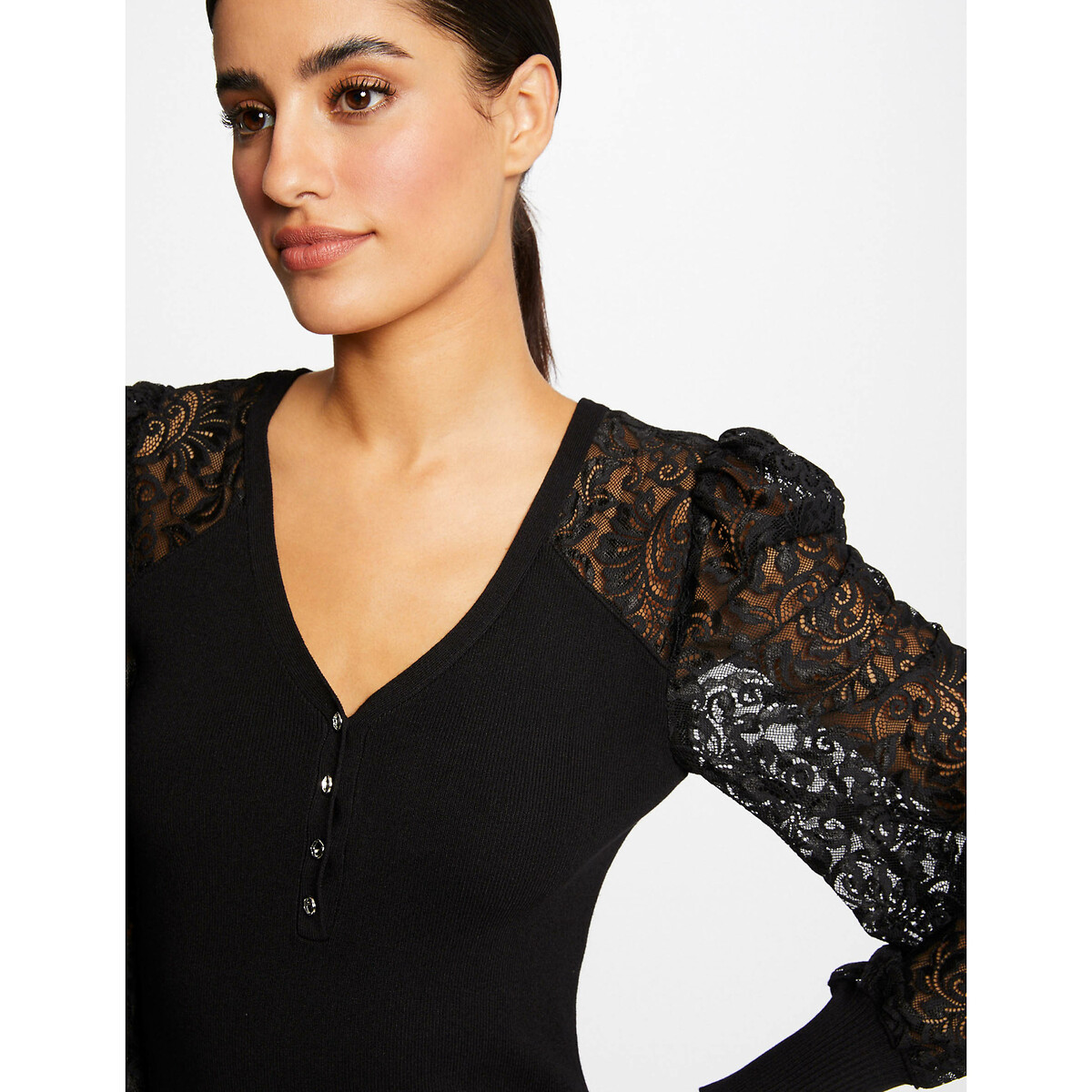 Платье-пуловер MORGAN Платье-пуловер Приталенное с рукавами из кружева XS черный, размер XS - фото 4