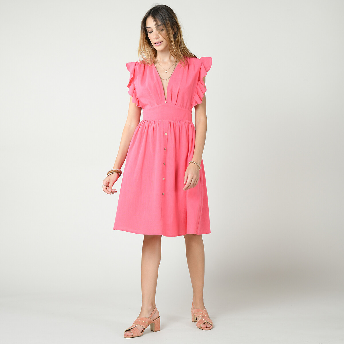 Платье LaRedoute Из хлопка вставки с воланами на пуговицах M розовый, размер M - фото 1