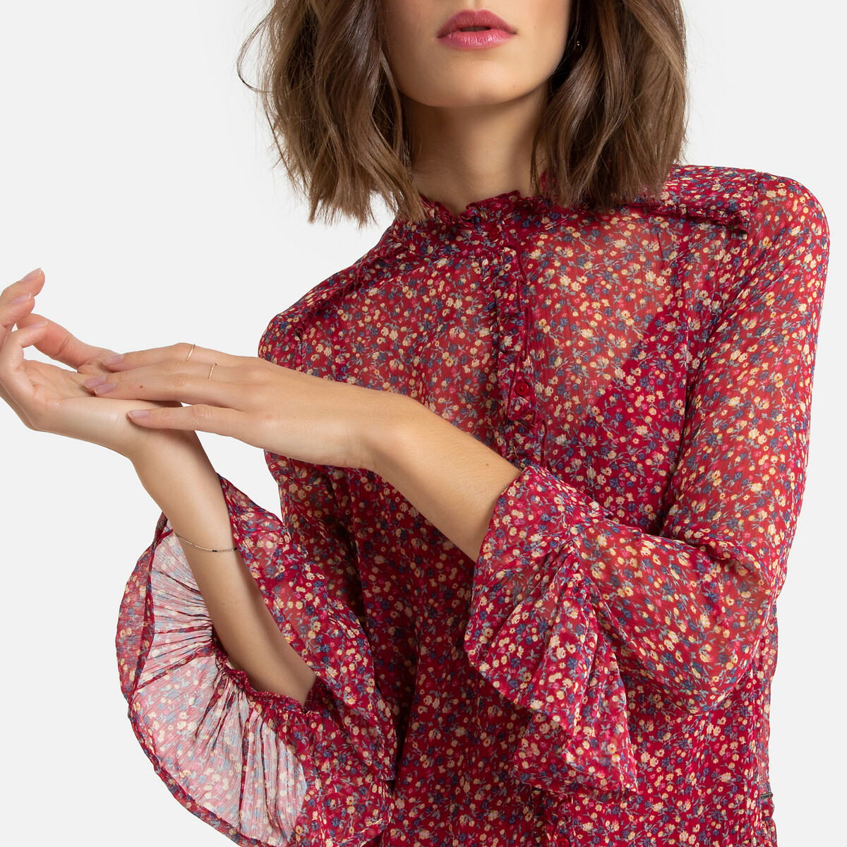 Платье LaRedoute Короткое с цветочным принтом вставка воланов XS красный, размер XS - фото 3