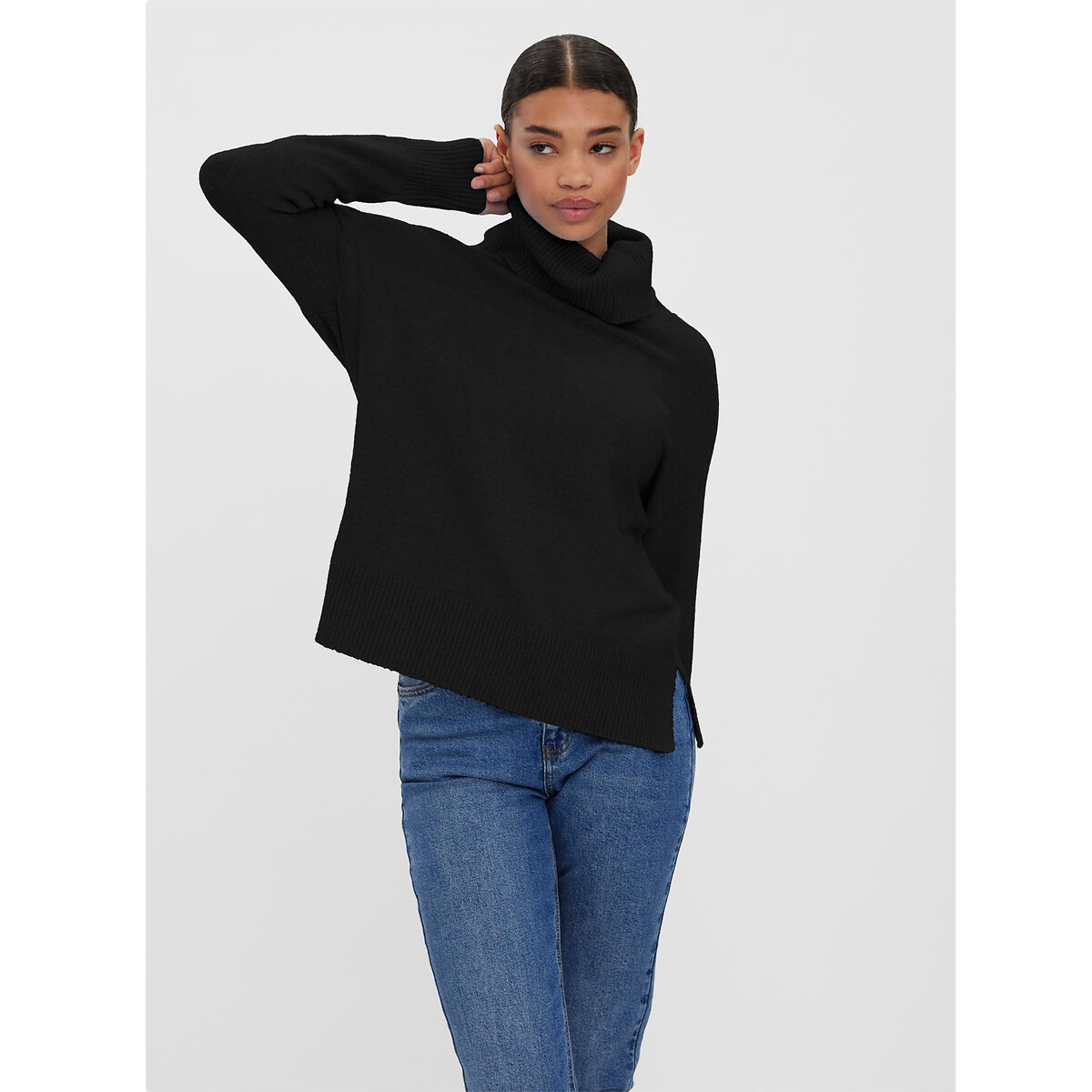 Пуловер с высоким воротником из тонкого трикотажа XS черный пуловер широкий из тонкого трикотажа xs бежевый