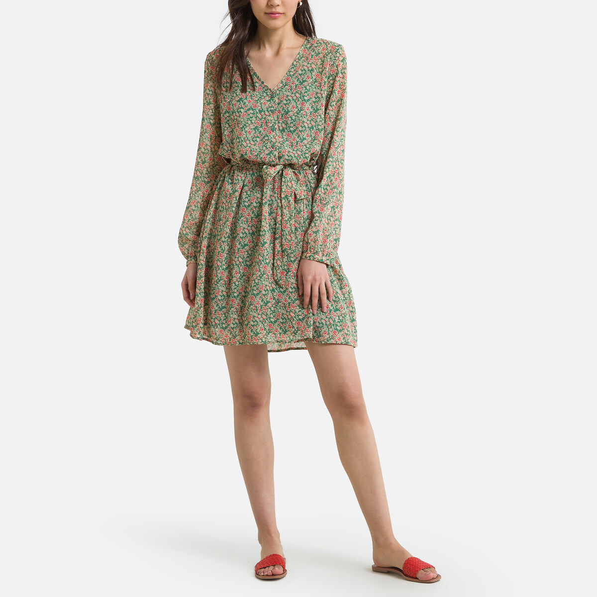 Платье ONLY Короткое с цветочным рисунком и V-образным вырезом M зеленый, размер M - фото 2