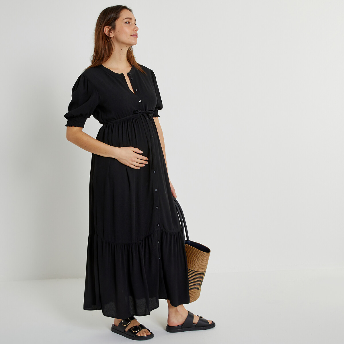Платье длинное на пуговицах для периода беременности 52 черный платье для периода беременности длинное из хлопчатобумажной газовой ткани 48 синий
