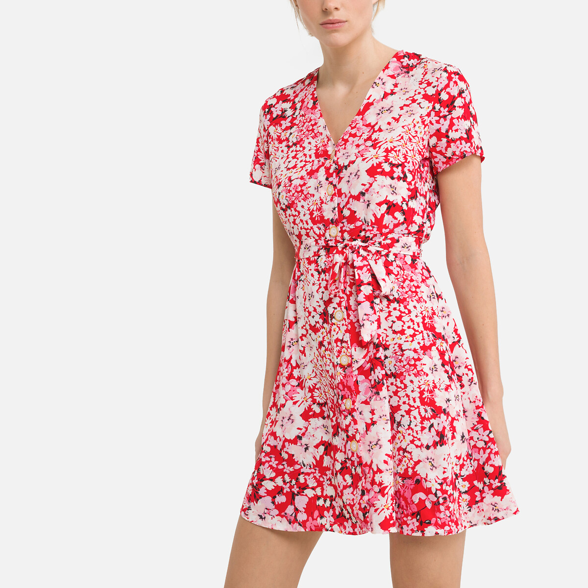 Платье ONLY С цветочным принтом короткое V-образный принт M красный, размер M - фото 1
