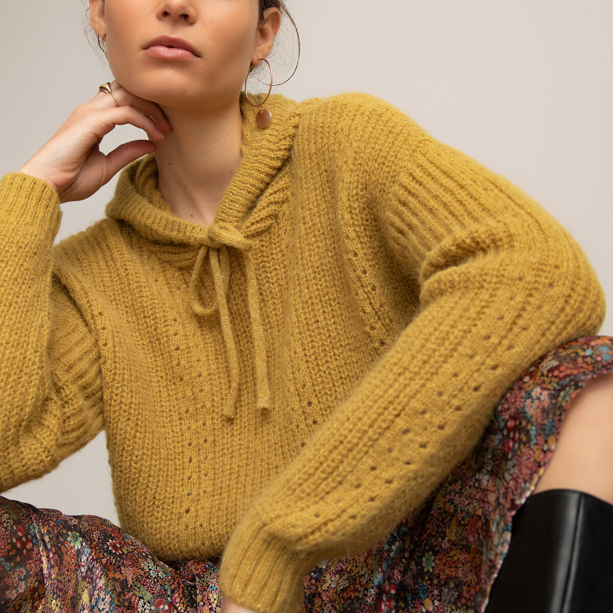Пуловер LaRedoute С капюшоном из трикотажа-пуантель L желтый, размер L - фото 1