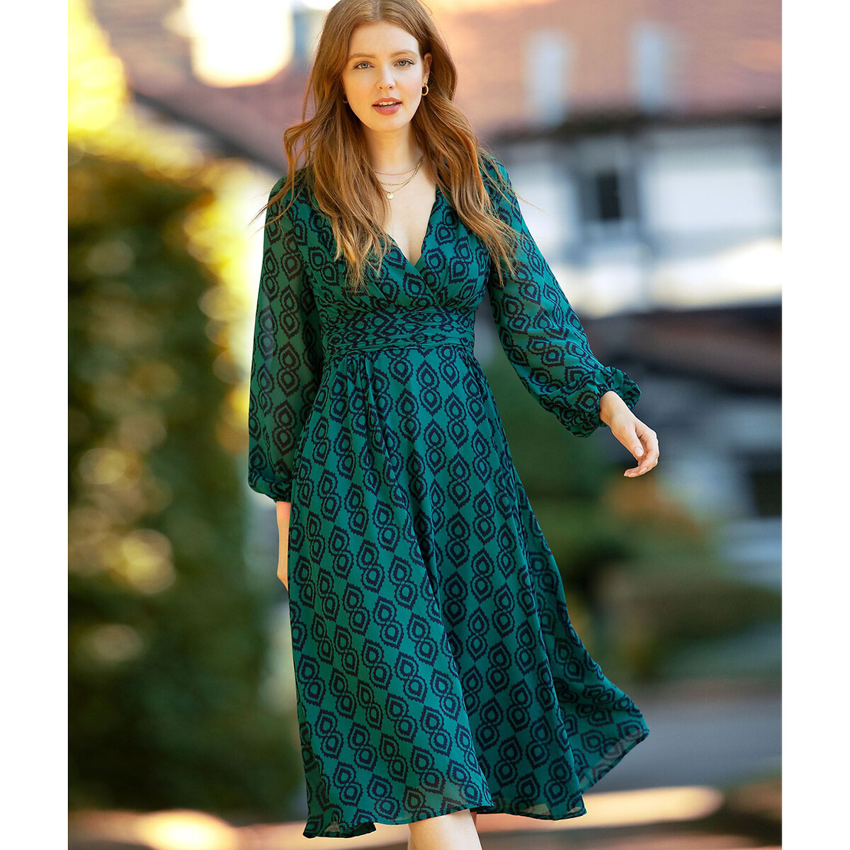 Платье-миди С вырезом с запахом и геометрическим принтом 44 зеленый LaRedoute, размер 44 - фото 4