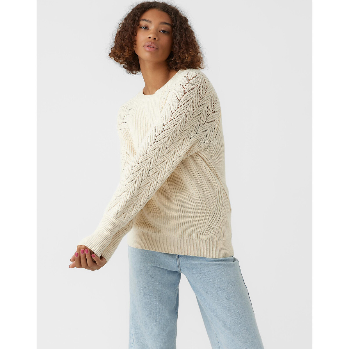 Пуловер с круглым вырезом рукава из ажурного трикотажа S бежевый пуловер с круглым вырезом из тонкого ажурного трикотажа 4 года 102 см бежевый