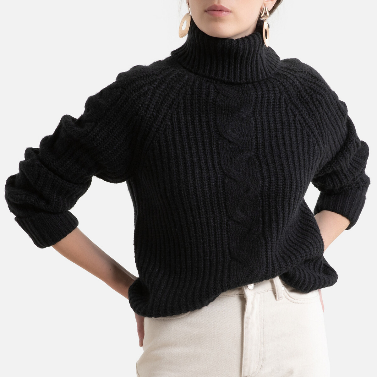 Пуловер LaRedoute С отворачивающимся воротником из плотного трикотажа M черный, размер M - фото 1