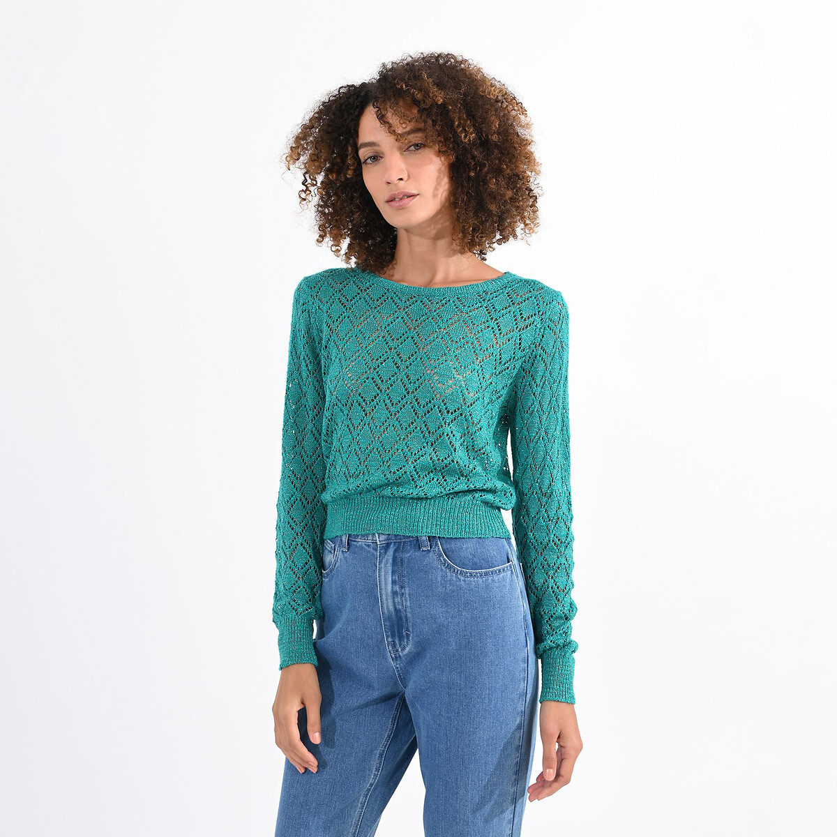 Пуловер с круглым вырезом из ажурного трикотажа XL зеленый пуловер с круглым вырезом из трикотажа пуантель xl синий