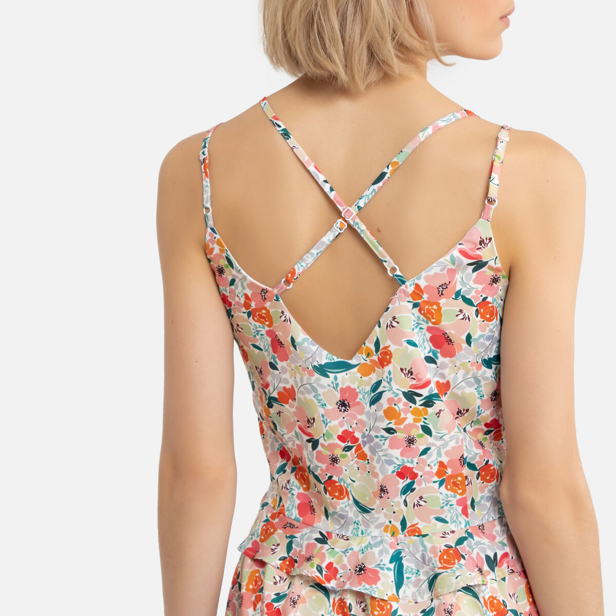 Платье LaRedoute Короткое бретели с цветочным узором перекрещенные сзади XS бежевый, размер XS - фото 3