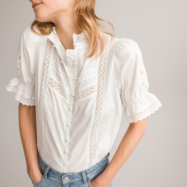 Cotton high neck shirt with short puff sleeves and ruffles, white, La ...