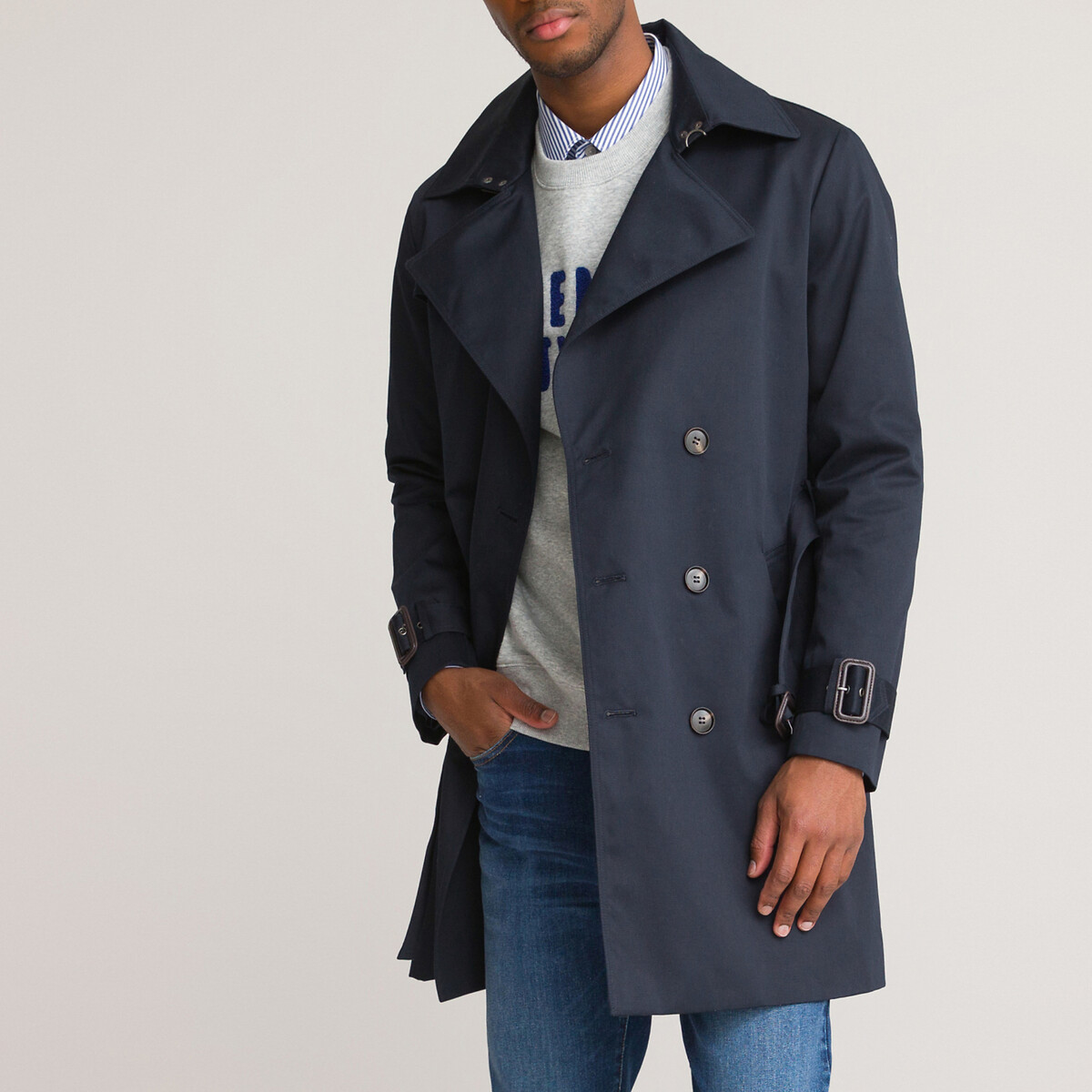 Recycled Long Trench Coat With Belt, Navy Trench Coat With Hood