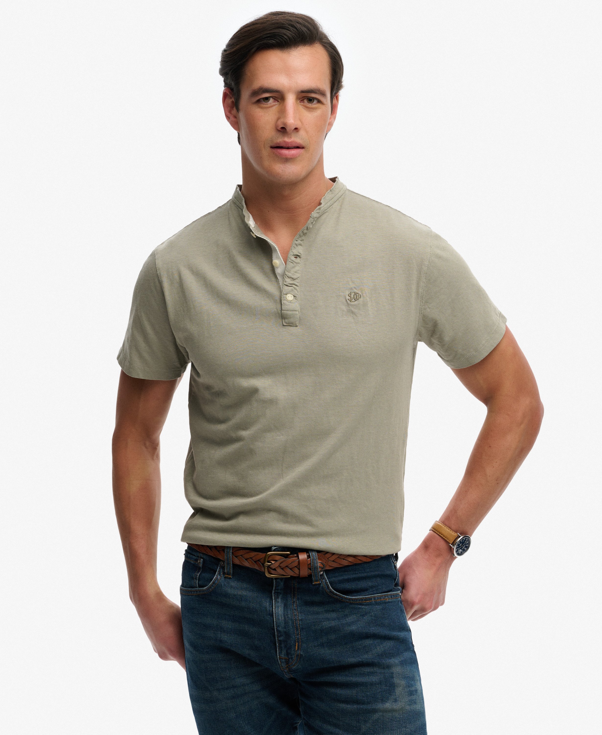 T-shirt Henley à manches courtes en coton et lin, SUPERDRY