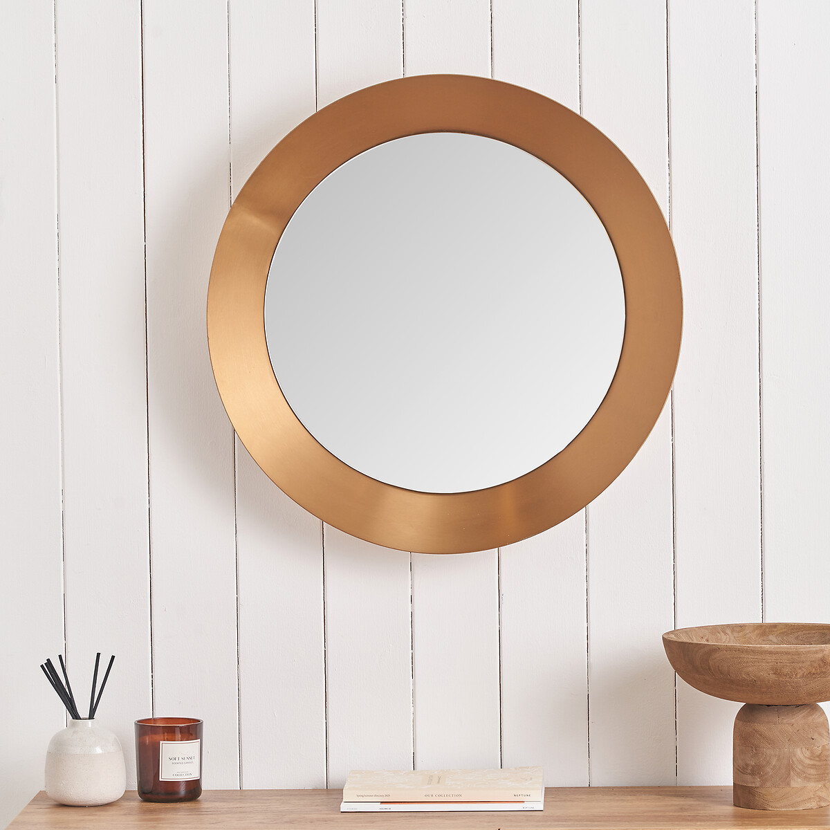 60cm Round Metal Angled Frame Mirror in Burnished Gold, ÉDITÉ
