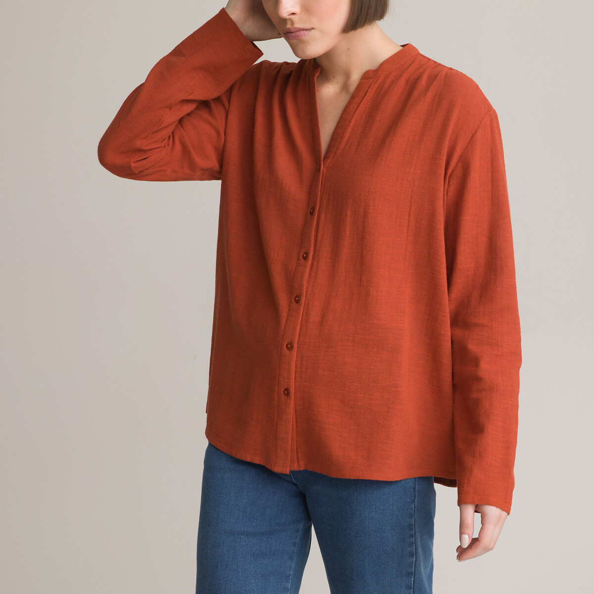 Cotton Crew Neck Blouse with Long Sleeves
