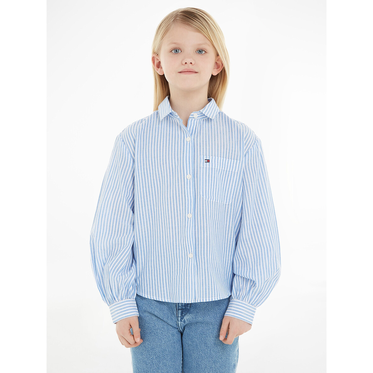 Image of Striped Cotton Mix Blouse with Long Sleeves