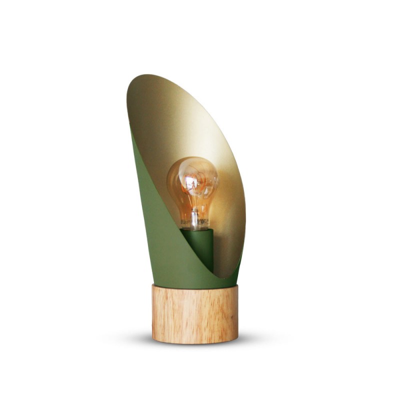 Lampe A Poser Spoon Xl Métal Vert Socle En Bois, MILLUMINE