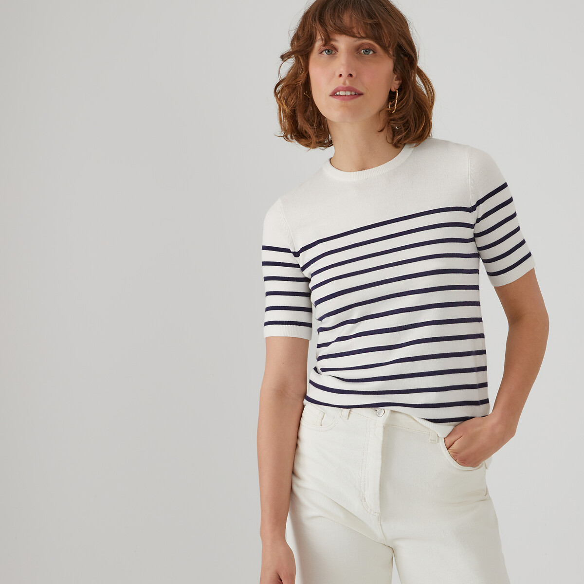 Striped Short Sleeve Jumper with Crew Neck