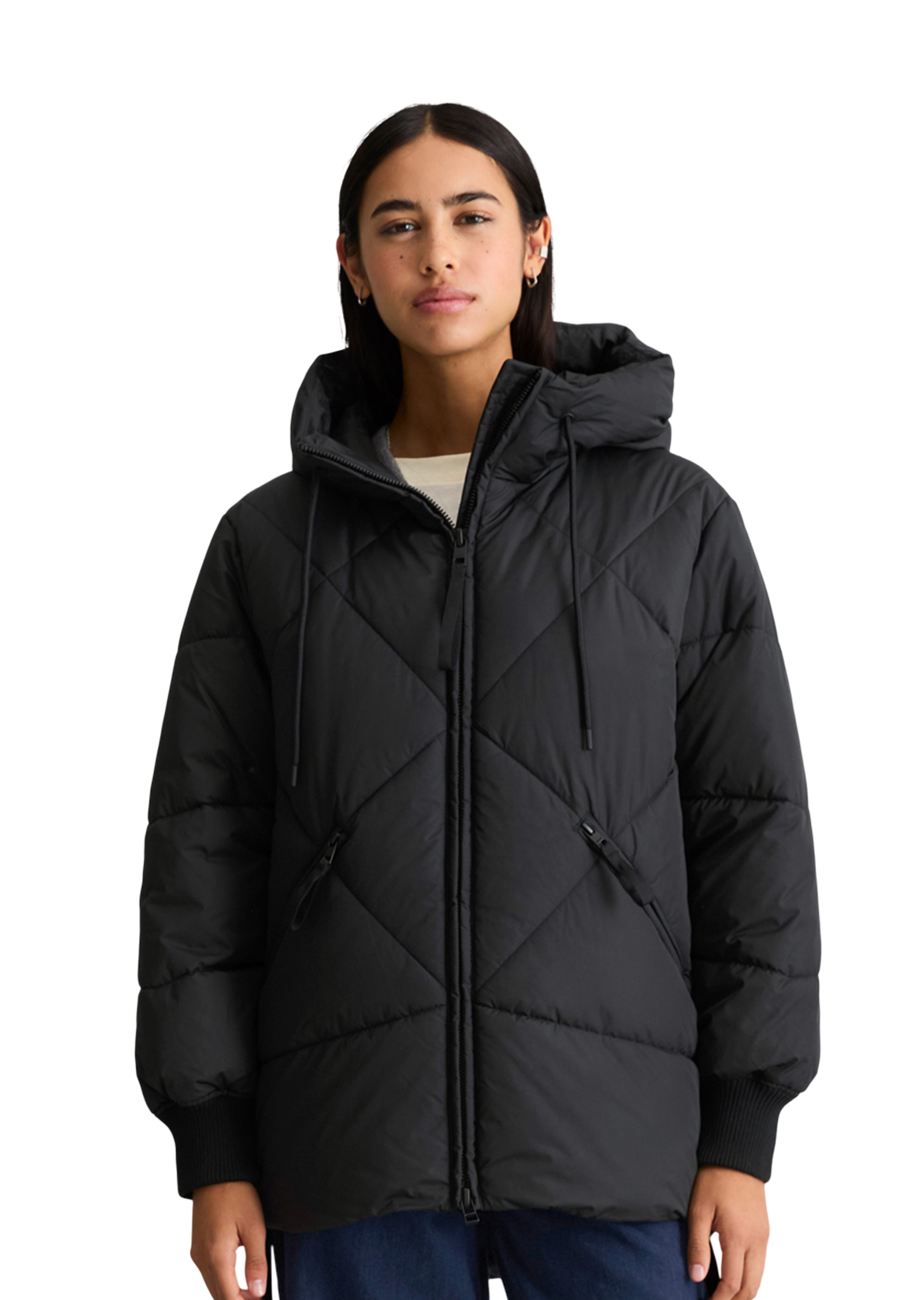 Veste matelassée longue à capuche, coupe décontractée en polyester recyclé, MARC O’POLO DENIM