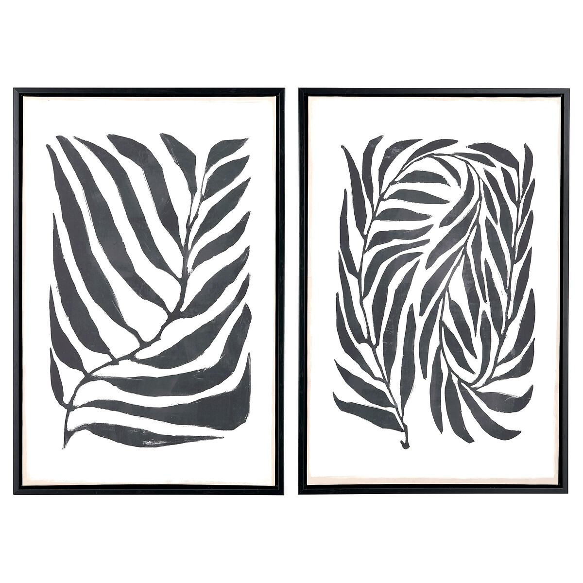 Set of 2 60 x 40cm black leaf print canvases with black frames, black ... image.