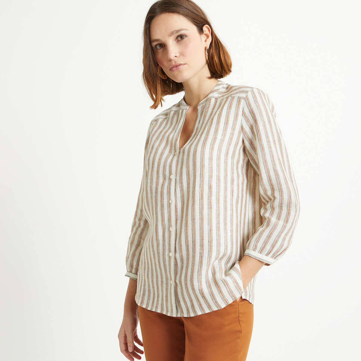 Striped Linen Blouse with Crew Neck and 3/4 Length Sleeves