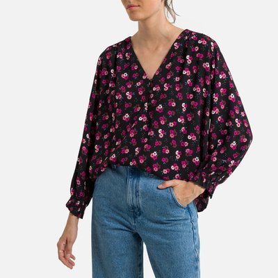 Elona Floral Blouse with V-Neck and Long Sleeves with Ruffled Cuffs DES PETITS HAUTS