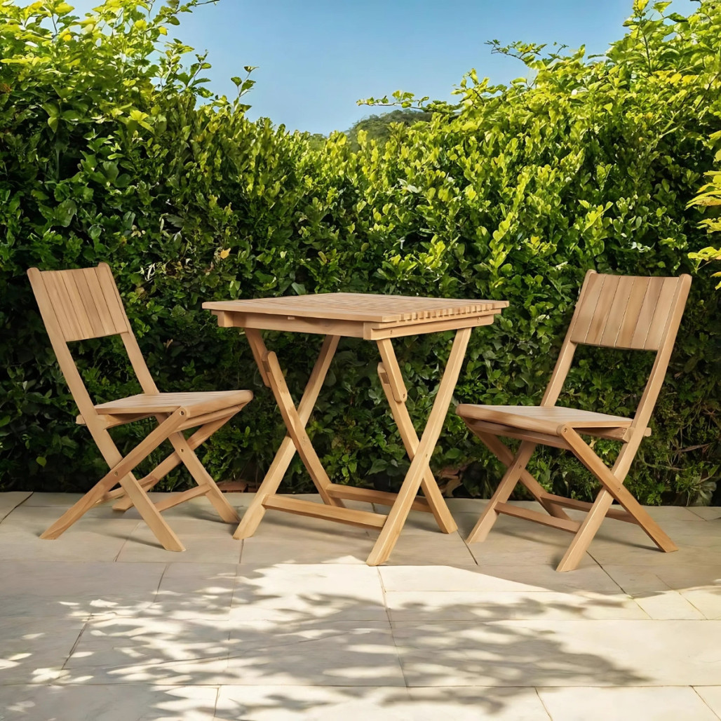 Ensemble jardin table en teck et 2 chaises pliantes, WANDA COLLECTION