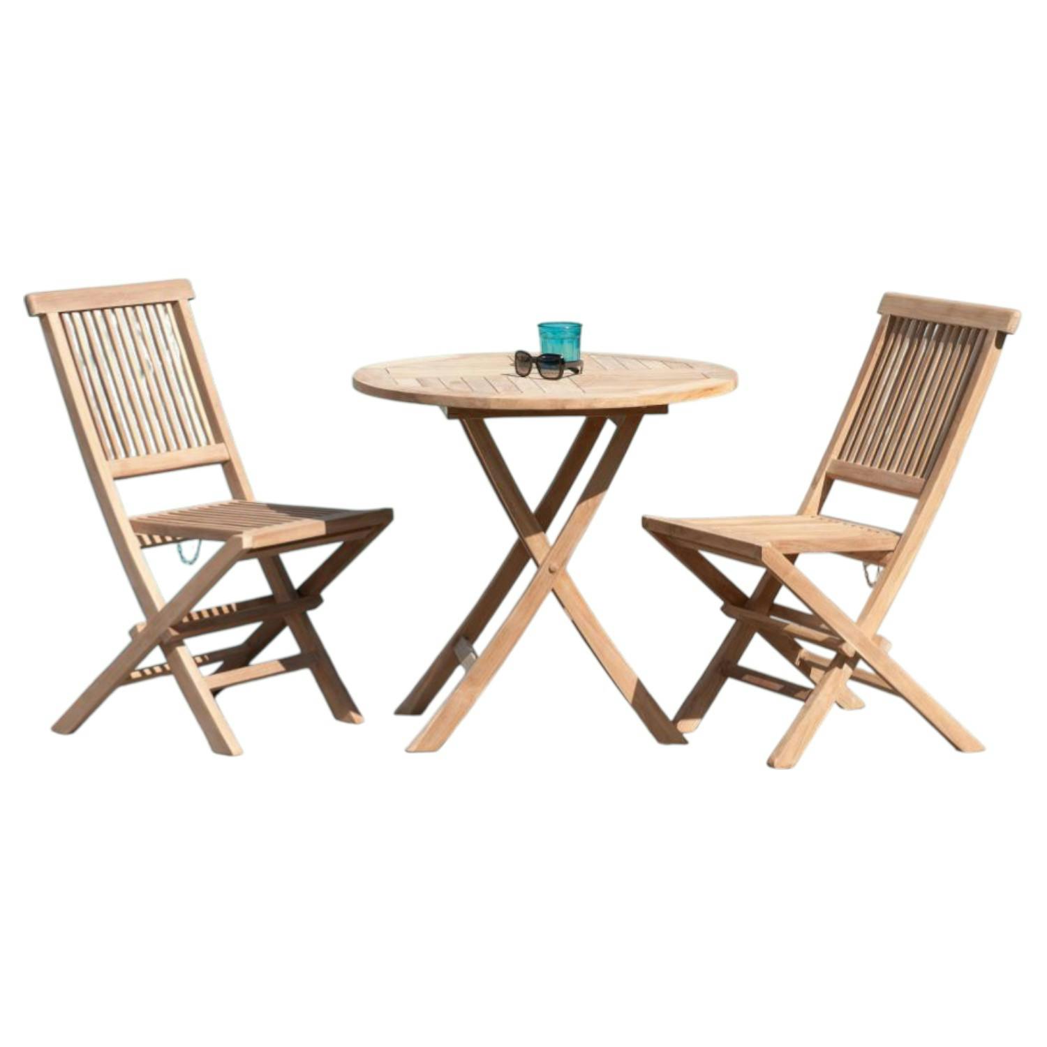 Salon de jardin table d'extérieur ronde pliante 80cm 2 chaises pliantes en bois de teck SUMMER, PIER IMPORT