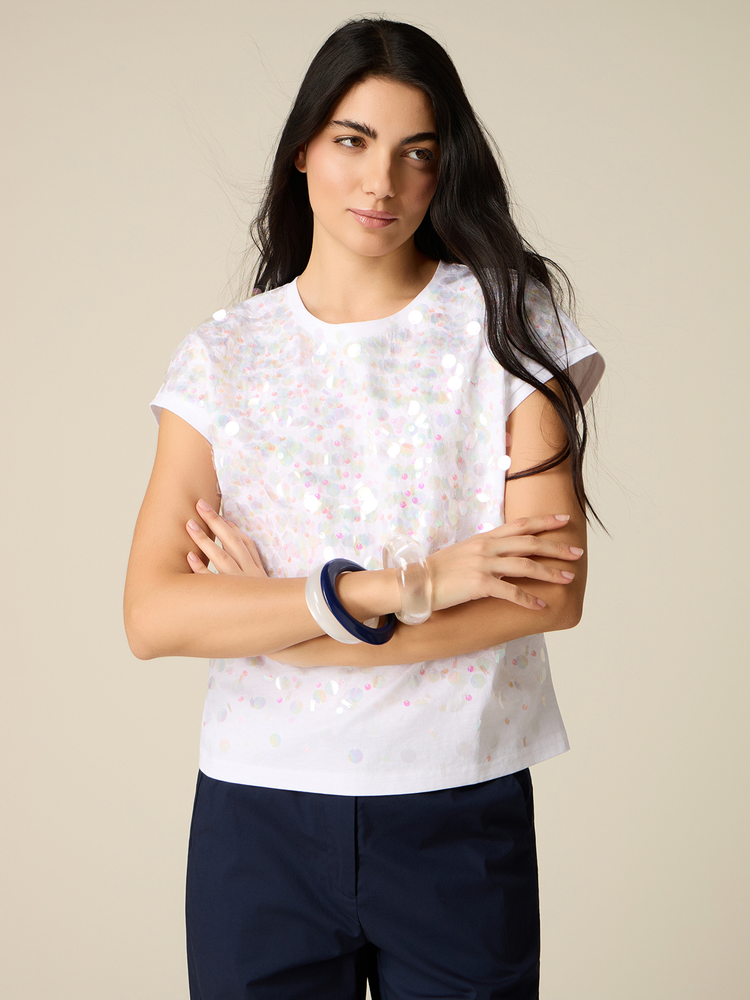 T-shirt avec broderie en paillettes, OLTRE