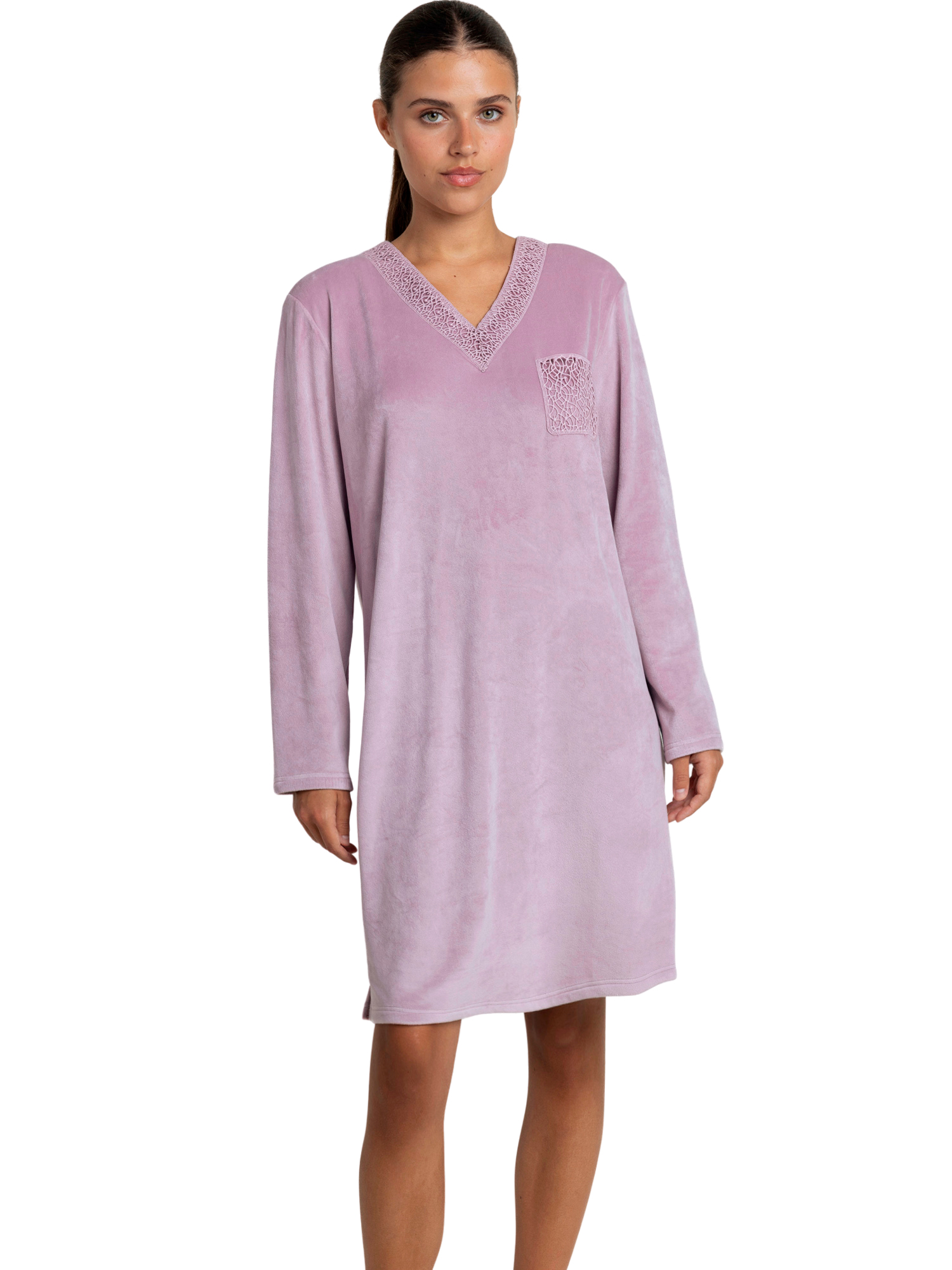 Chemise de nuit velours manches longues Luxury Guipure, ADMAS