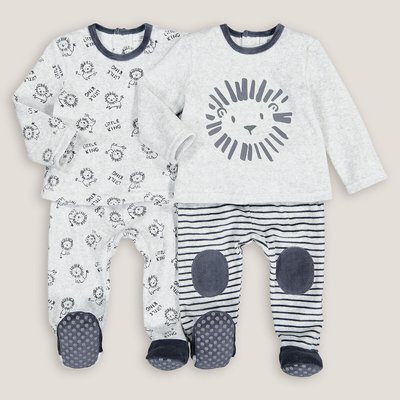Pack of 2 Velour Pyjamas in Cotton Mix, 1 Month-4 Years LA REDOUTE COLLECTIONS