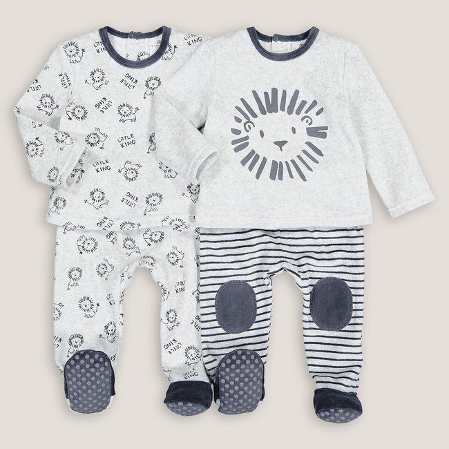 Pack of 2 Velour Pyjamas in Cotton Mix, 1 Month-4 Years, grey marl, LA REDOUTE COLLECTIONS