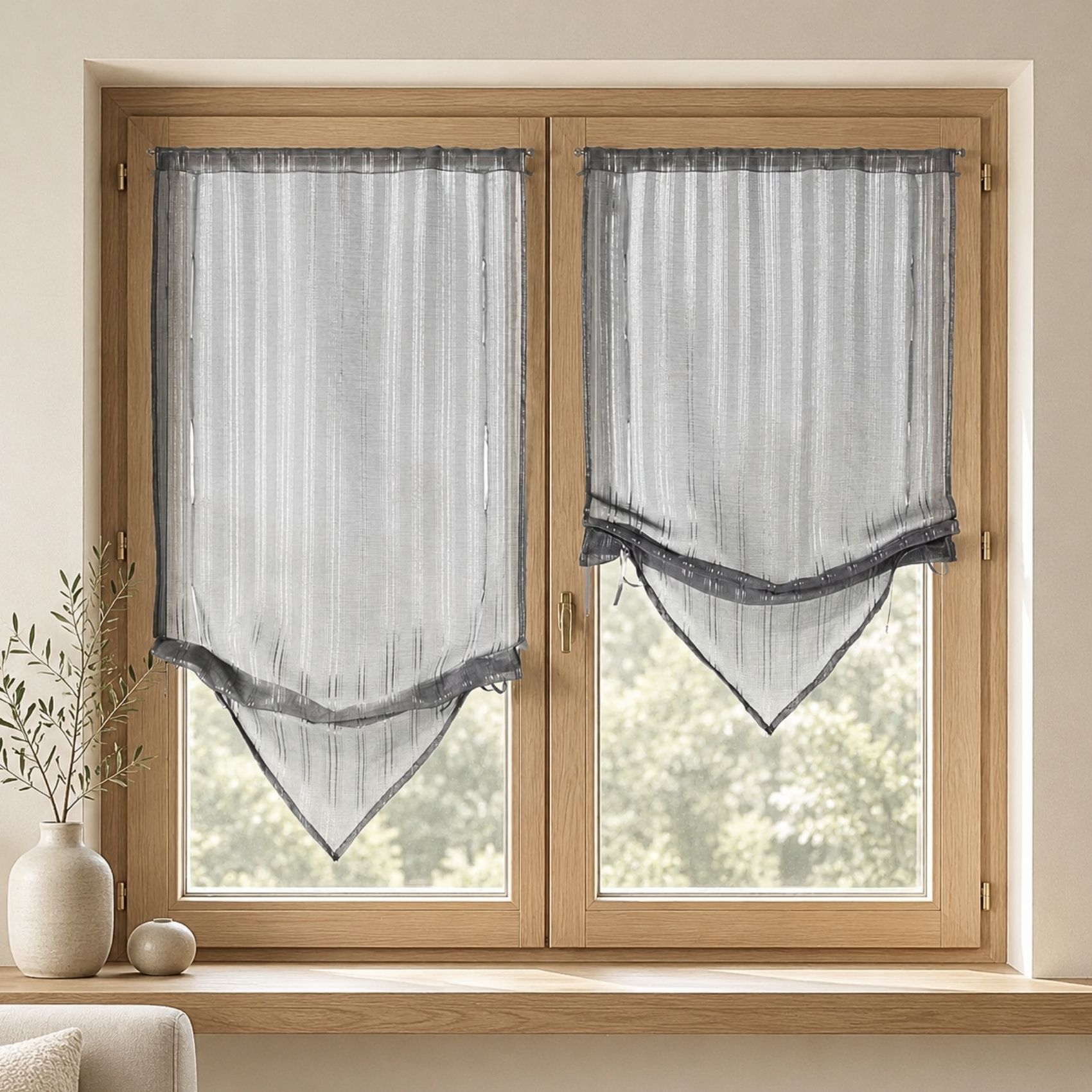 Paire de stores voilages à pointes avec fils fil textile, HOME MAISON