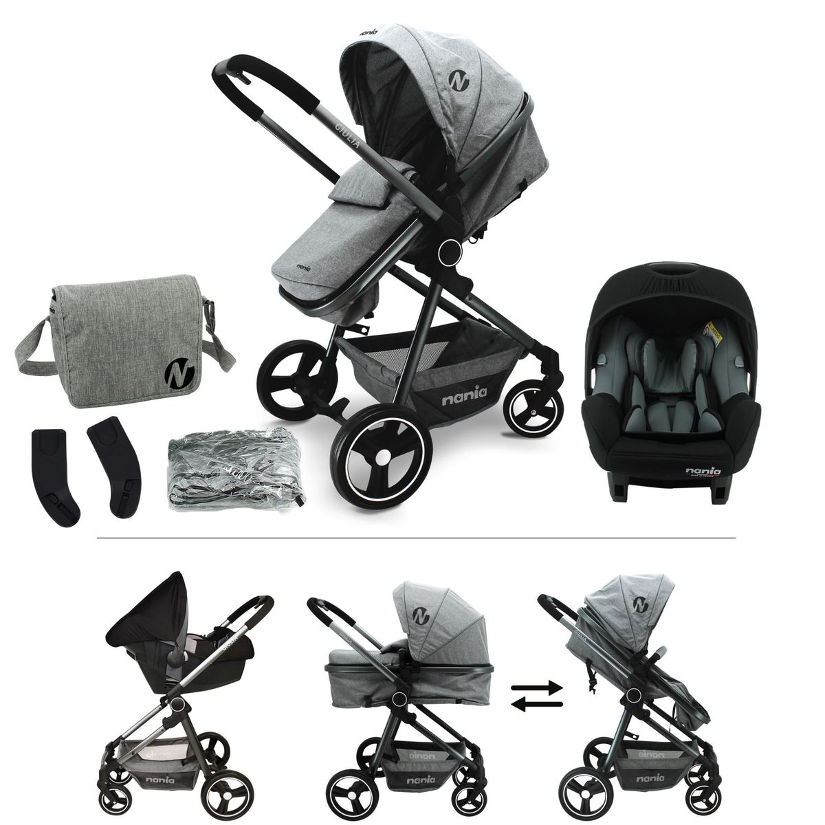 NANIA Poussette Giulia - Nacelle + Siège auto BEONE 0+ - Sac à langer +  Habillage pluie - Dès la naissance - Jusqu'à 15kg - Gris