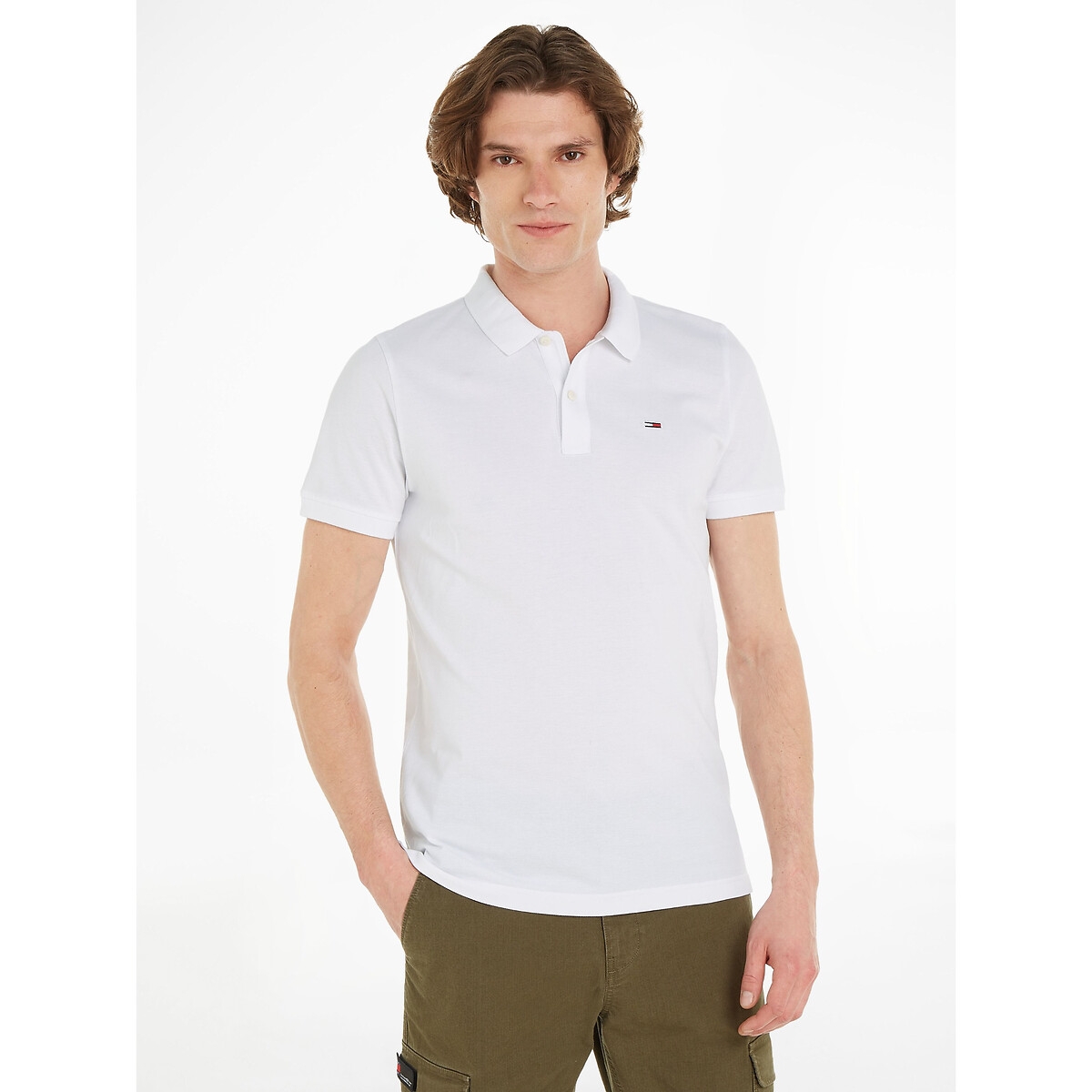 Image of Slim Fit Polo Shirt with Short Sleeves in Cotton