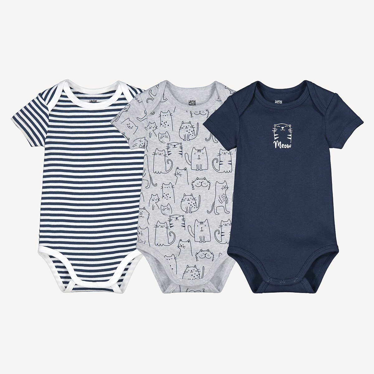 Pack of 3 Cat Print Cotton Short Sleeve Cutaway Shoulder Bodysuits, LA REDOUTE COLLECTIONS