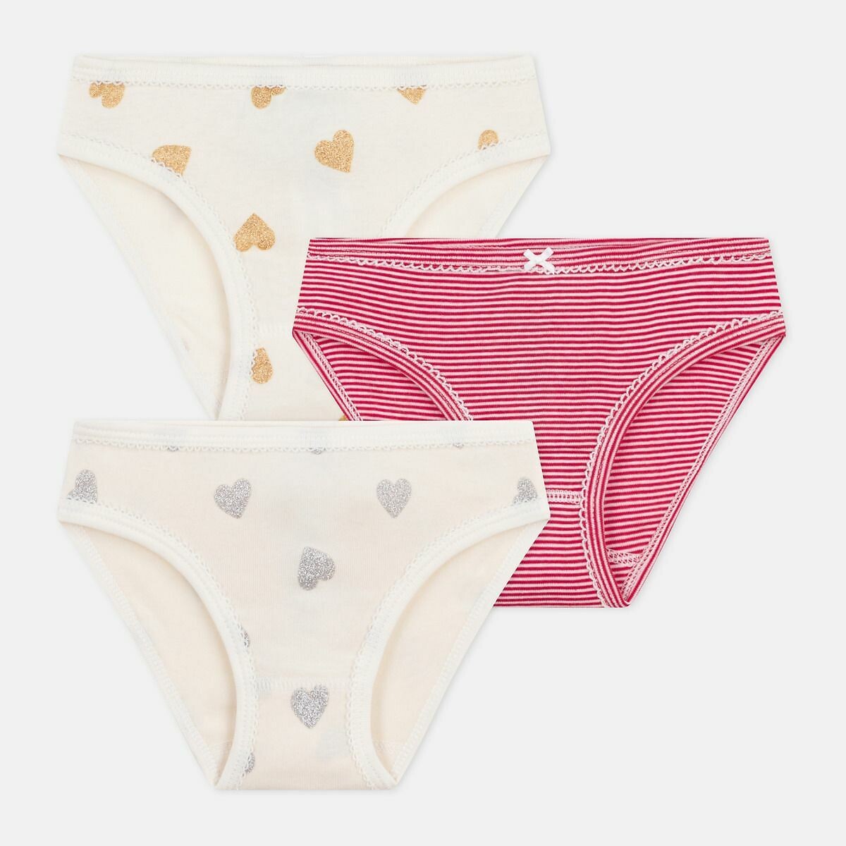 Lot de 3 culottes coton, motifs cœurs et rayures