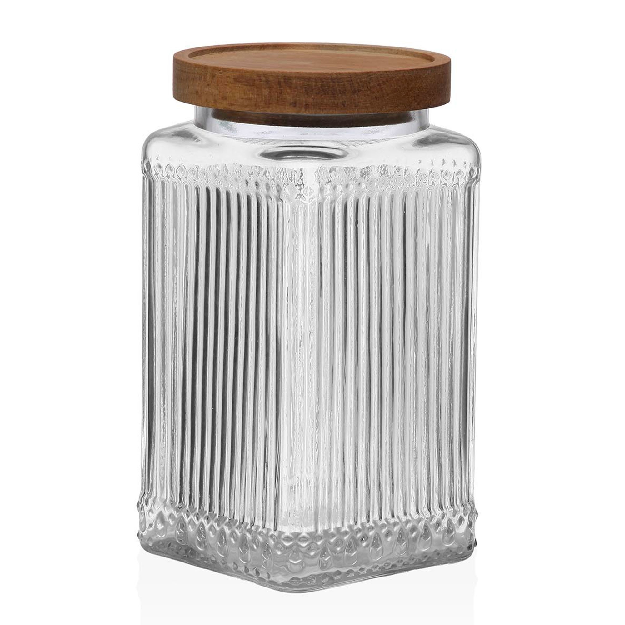 Bocal cuisine carré en verre strié bouchon acacia 980ml, VERSA