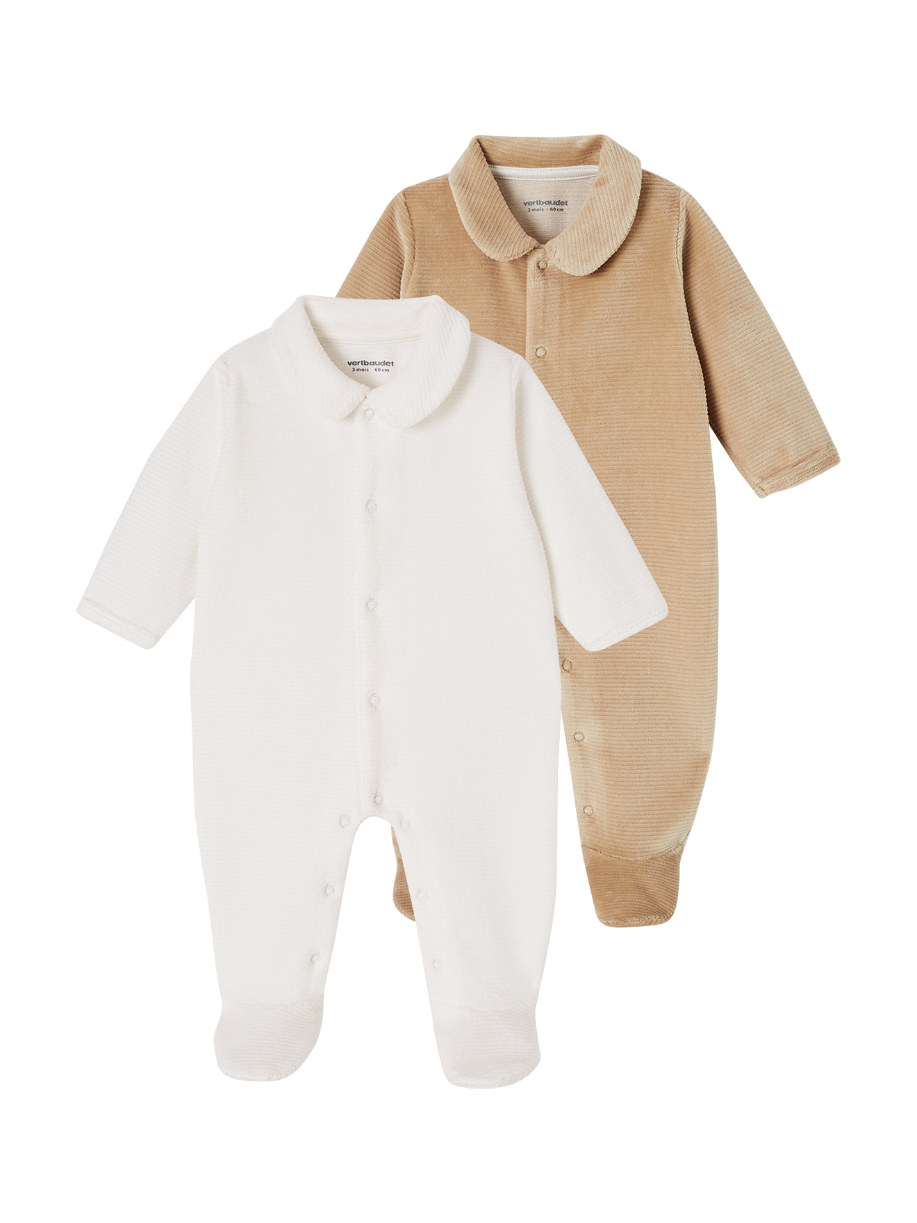 Lot de 2 pyjamas mixtes en velours ouverture naissance, VERTBAUDET