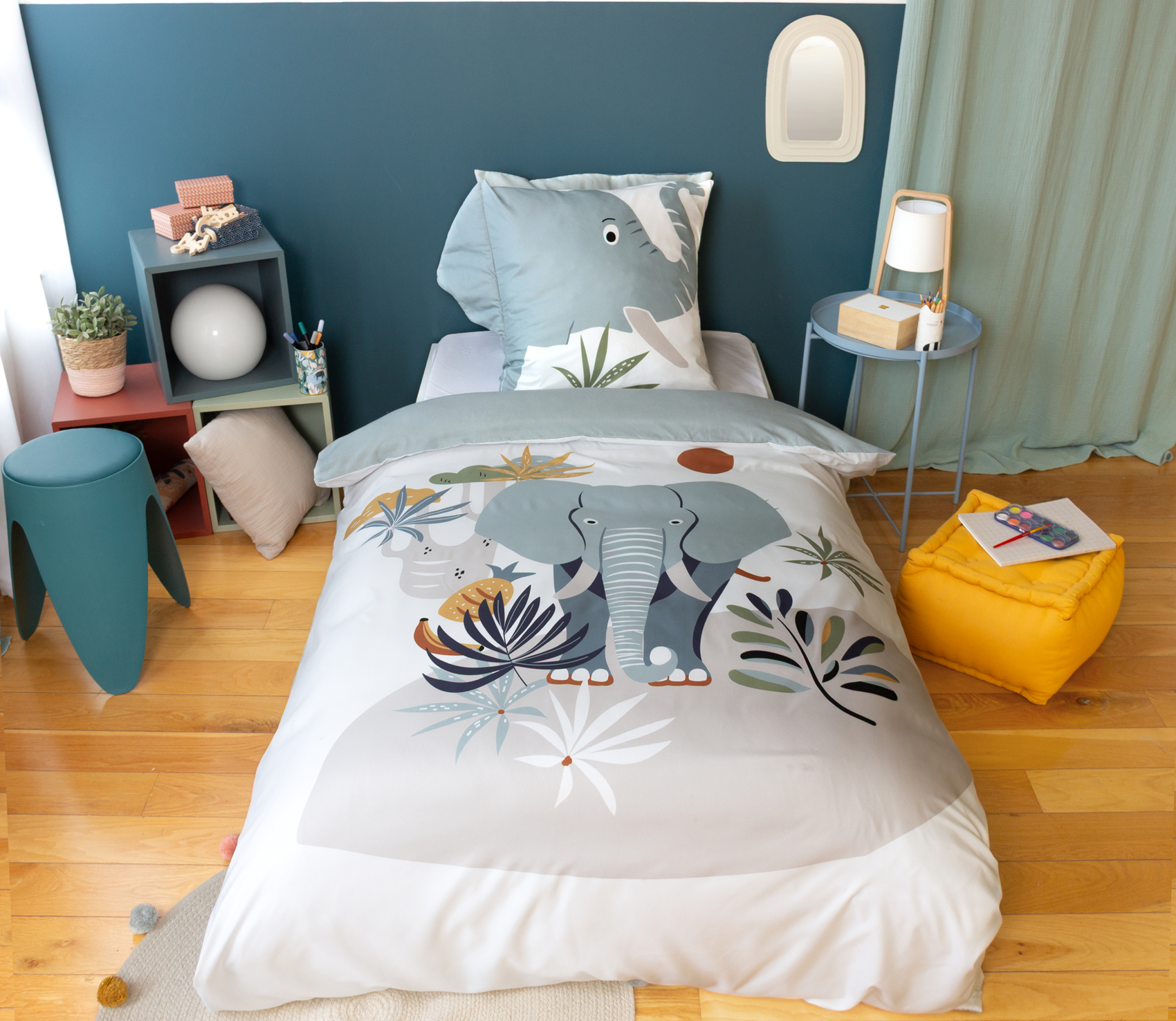 Parure de lit enfant 2 pièces éléphant housse + taie, COTE DECO