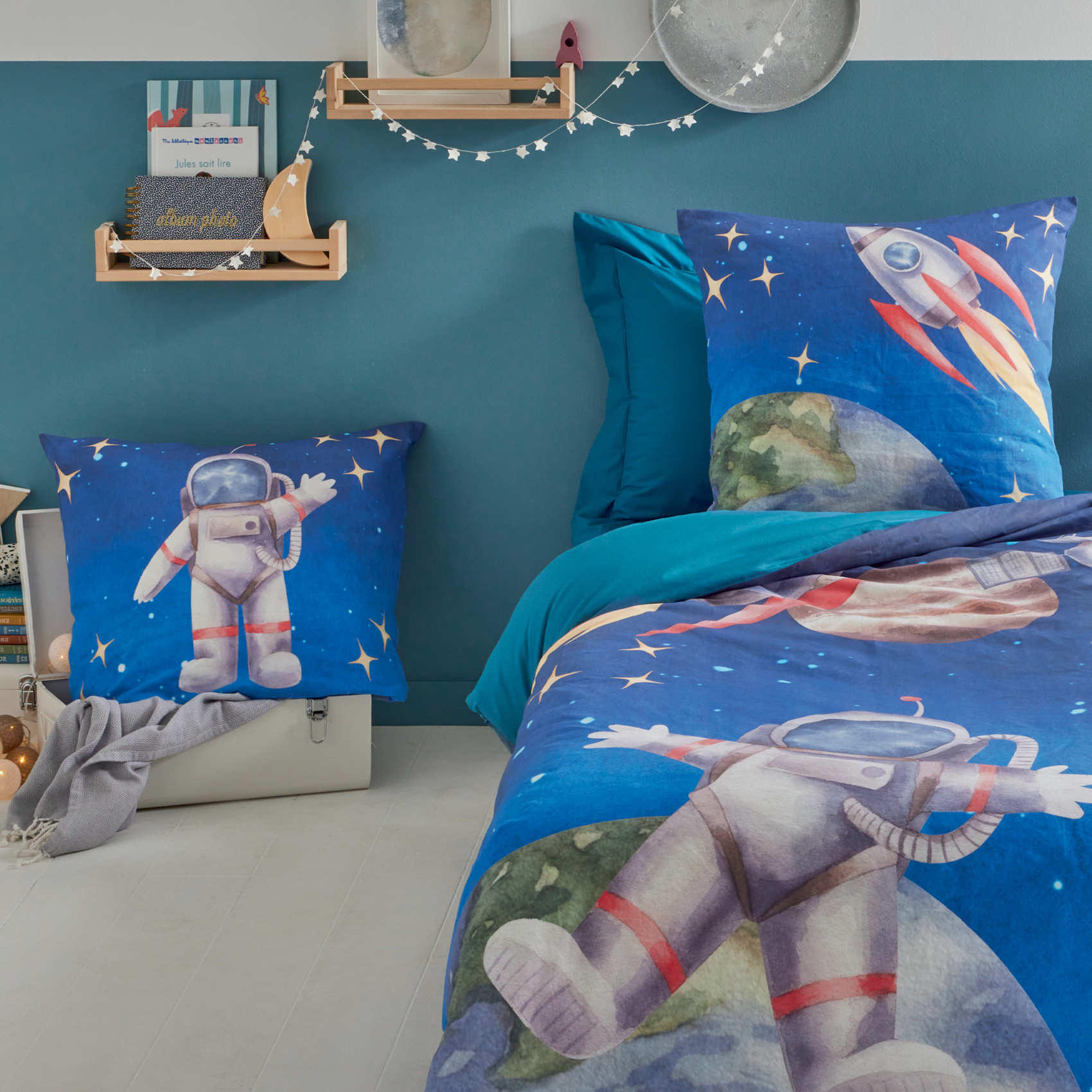 Taie d’oreiller enfant percale de coton astronaute et fusée, TRADILINGE