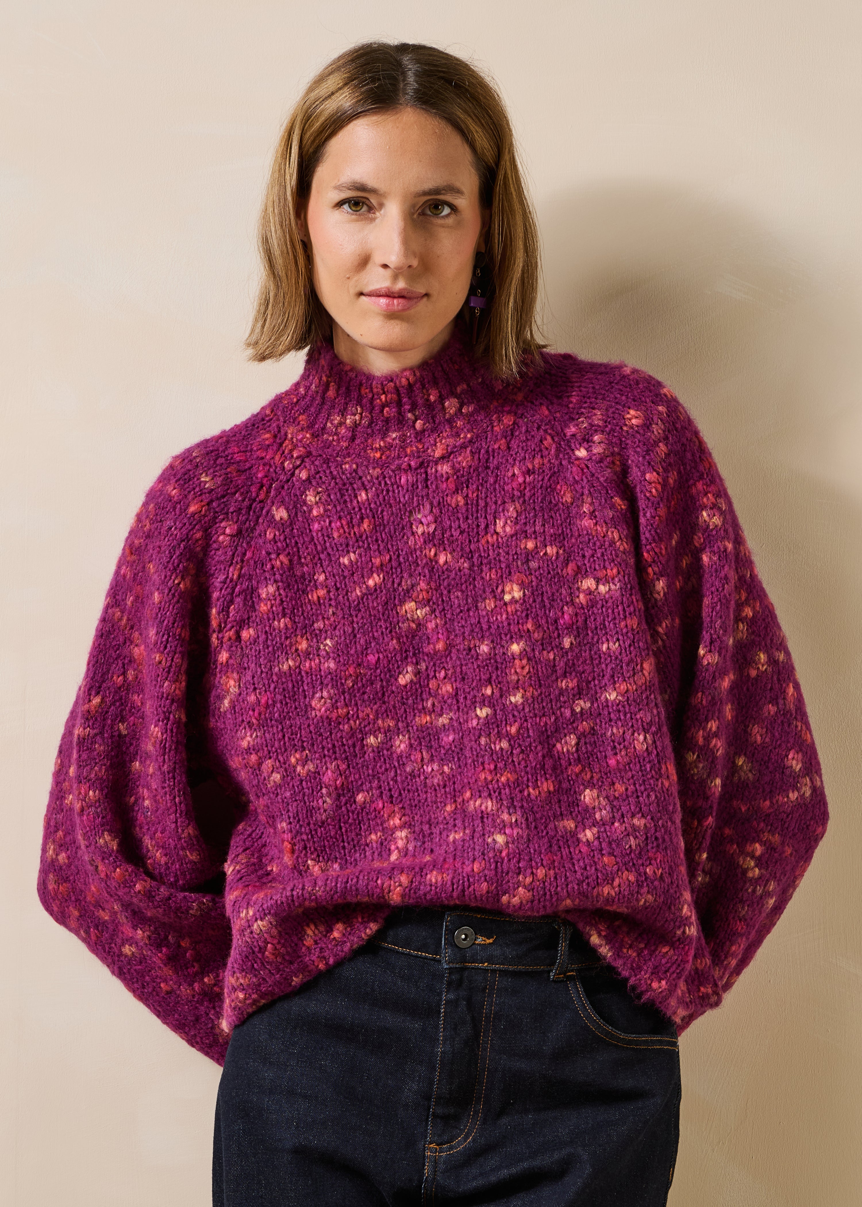 Pull moucheté manches longues col montant, LA FEE MARABOUTEE